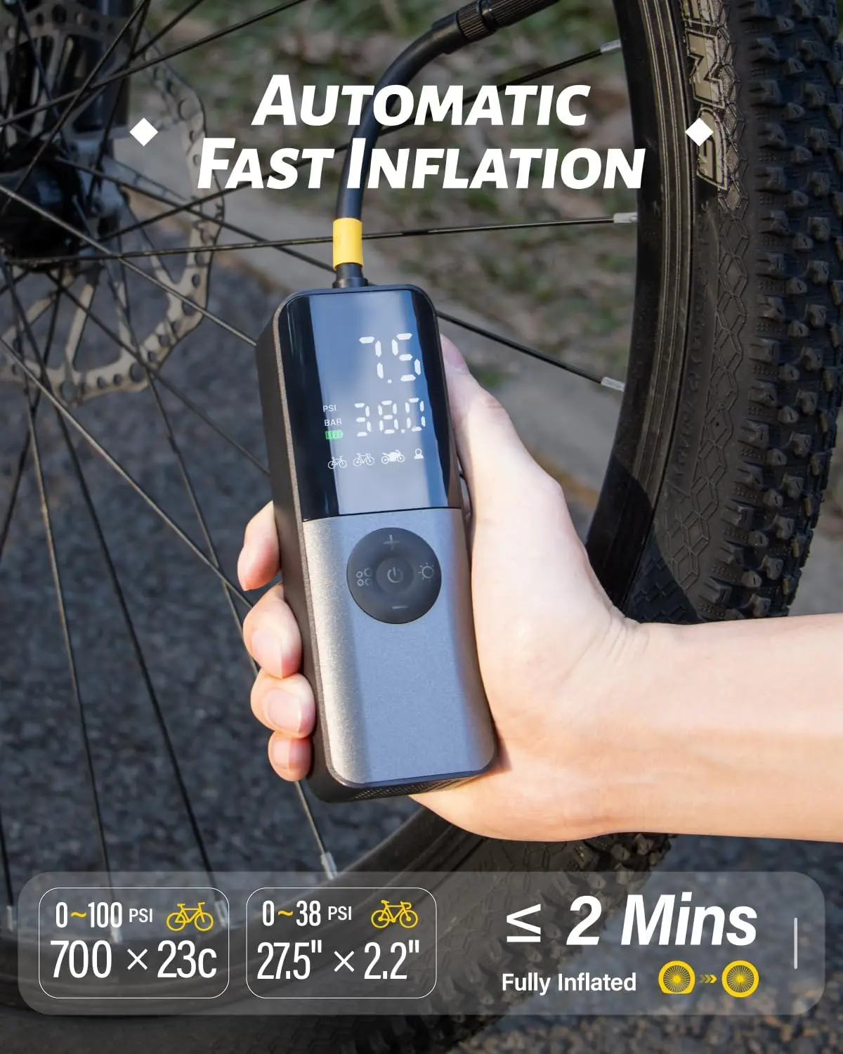 مضخة دراجة كهربائية محمولة BG01 مع مقياس رقمي لصمامات بريستا/شرايدر، نفخ سريع 150 رطل لكل بوصة مربعة للطرق والجبال وE-Bi #2