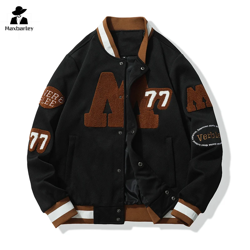 Harajuku Baseball Suit Jacket Men\'s Winter College Wool Plush Embroidered Alphabet Coat Couple\'s Retro Oversized Sports Jacket