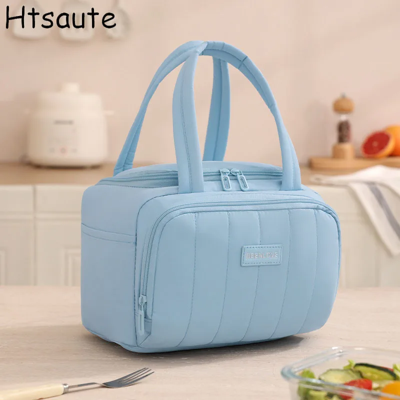Hot Polyester Thermal Bag Double Pocket Lunch Bags Large Capacity Students Meals Thick Aluminum Foil Portable Insulated Box