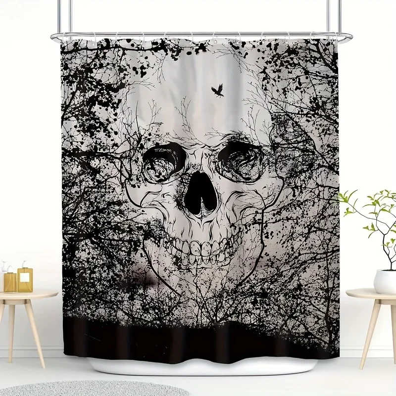 Gothic Skull Shower Curtain, Black & White Abstract Print Waterproof Bathroom Decor, Edgy Art Home Bath Screen