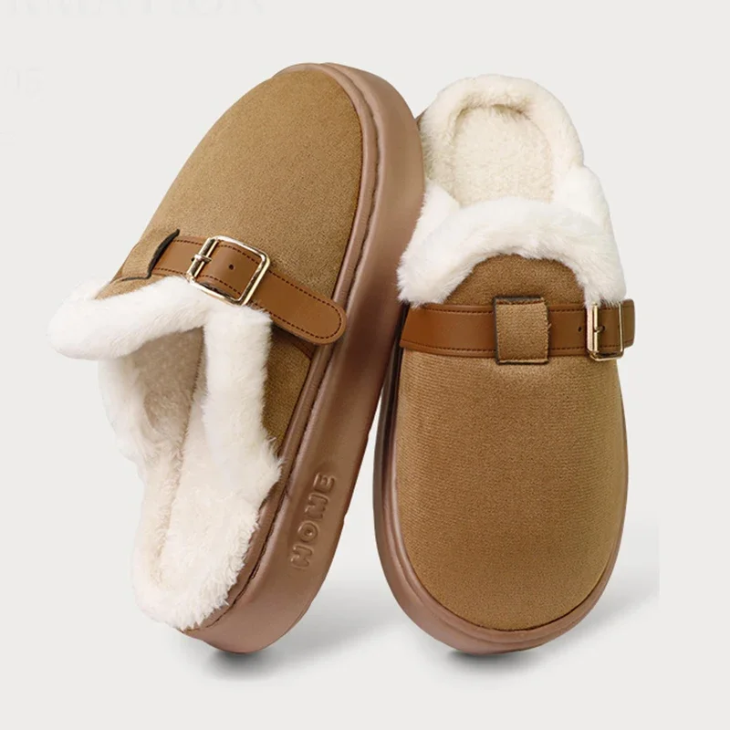 Winter-Plüsch-Pantoffeln für Damen mit Schnalle, Dicker Plüsch, Warme Flauschige Hausschuhe, Rutschfeste Baumwollschuhe für Draußen – Detail 5