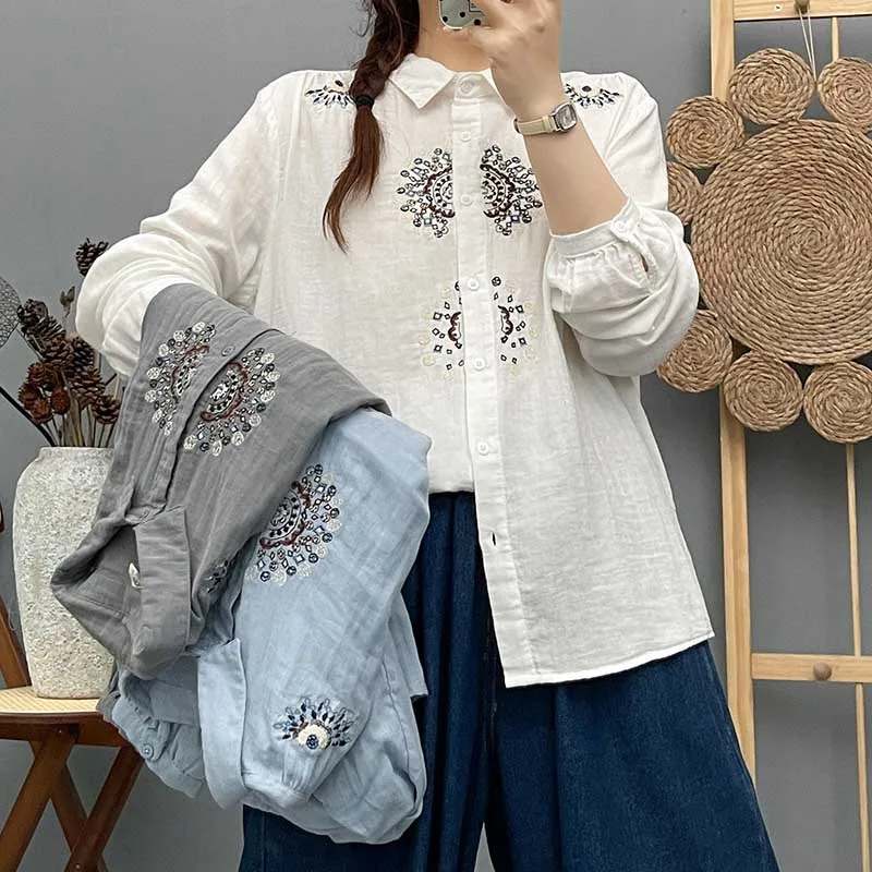 

Korean New Ethnic Embroidery Shirts Women's Double-layer Yarn Loose Cotton Tops Long Sleeve Spring Autumn Shirt S194