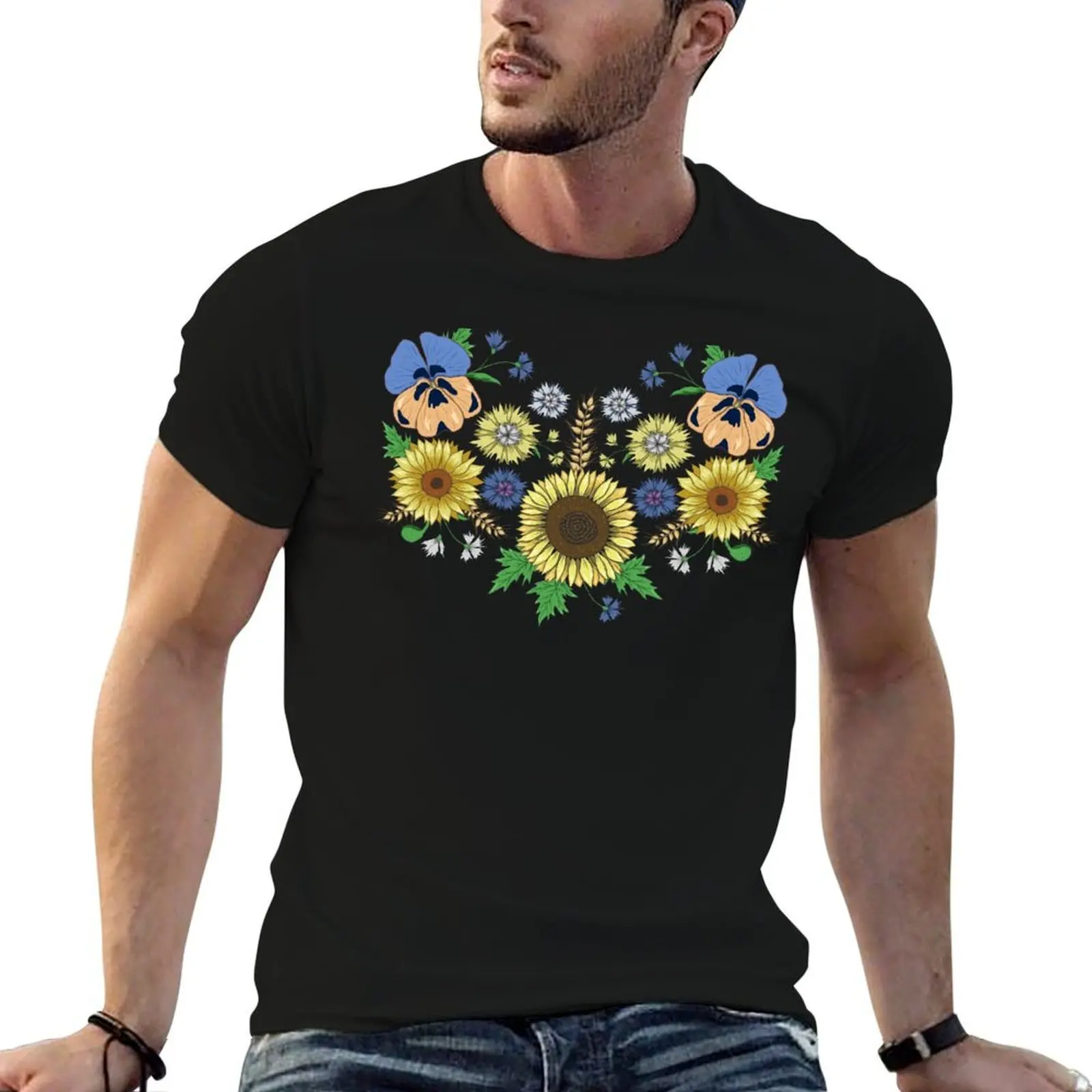 

Sunflowers Pansies Floral Vintage Ukrainian Vyshyvanka Style T-Shirt t shirt men 100% cotton luxury brand T-Shirt
