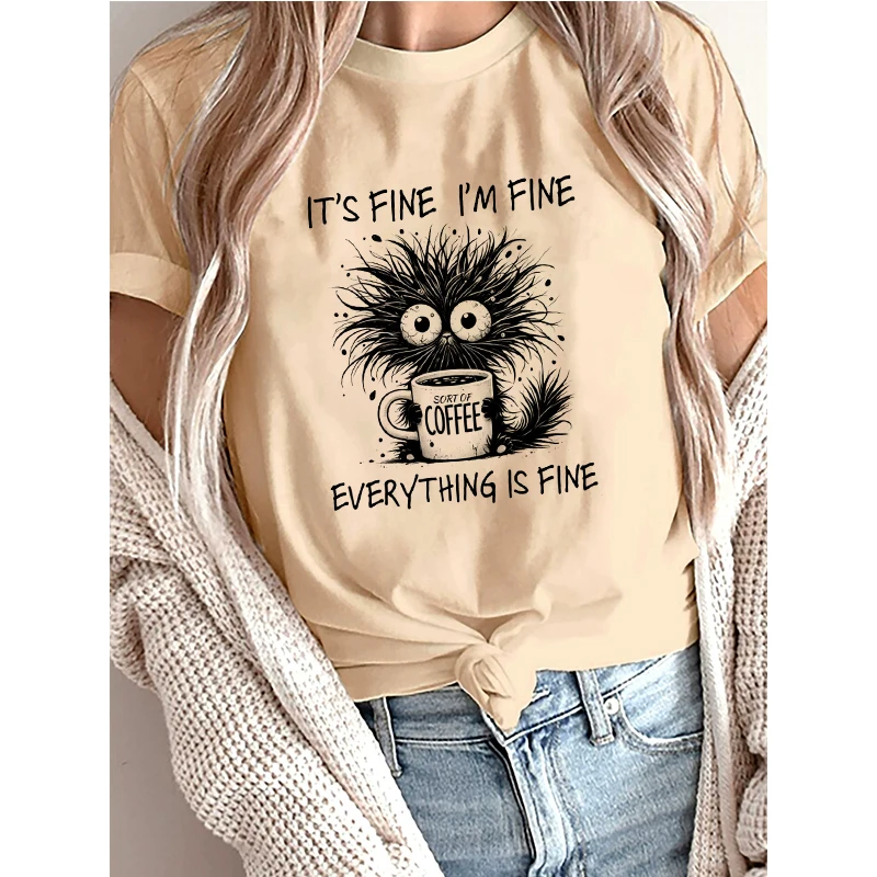 

Funny Whimsical Cat and Coffee Graphic Design Print T Shirt Women's Short Sleeve Round Neck T-Shirt Clothing Women'y2k Tees Tops