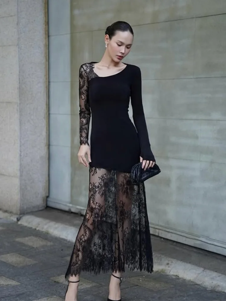 Ahagaga sexy vestidos femininos rendas retalhos mangas compridas sheer fino ajuste bodycon tendência básica eelgant feminino vestidos robes clube