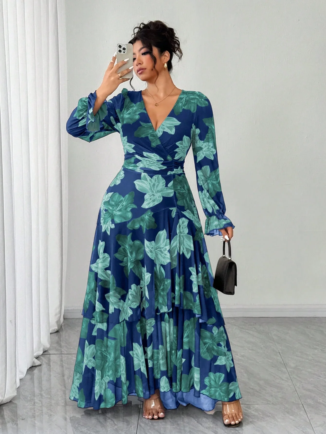 

Plus Size Women Floral Print Ruffle Hem Wrap Long Dress High Stretch Cinched Waist