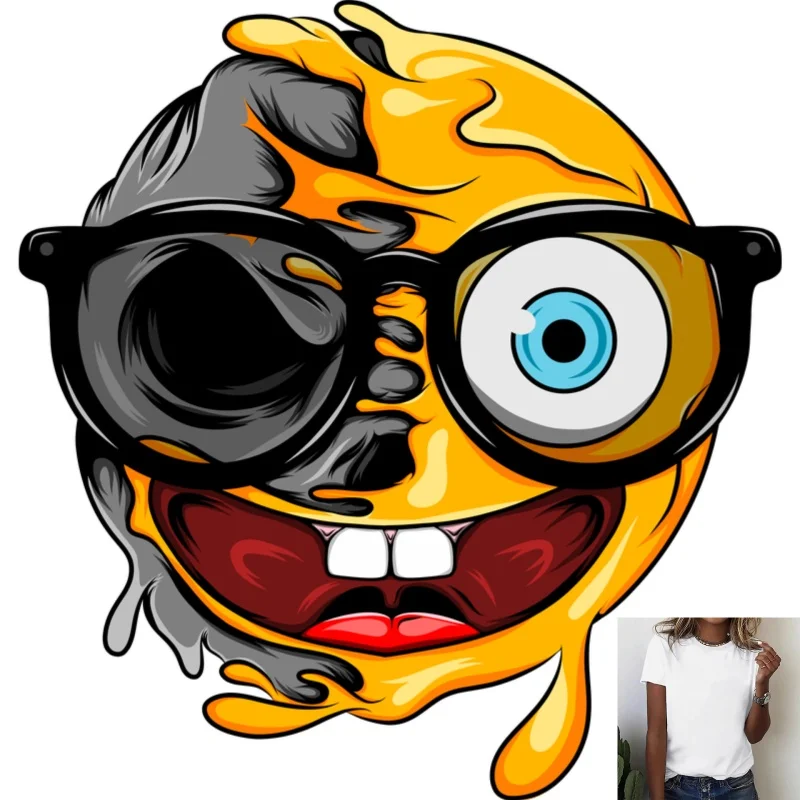 Trendy Cartoon Emoji with Glasses Heat Transfer White Ink Iron - on, for T - shirts/Canvas Bags, Casual Street Style, Fun & Eye
