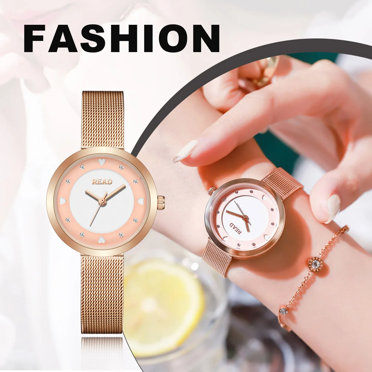 READ Women Quartz Watch | Sweet Heart Index Dial | Rose Gold Mesh Band | 30M Water Resistant Folding Clasp Watch