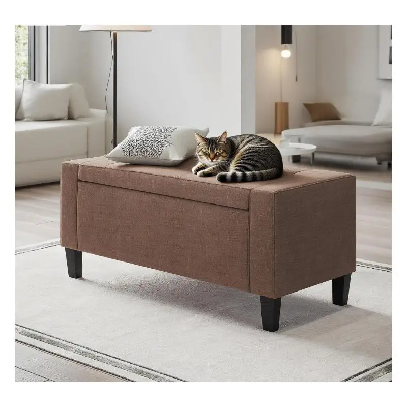 Lift Top Storage Ottoman Bench with Rubberwood Legs, Linen Upholstered Entryway Seating, Versatile and Stylish Home Organizer