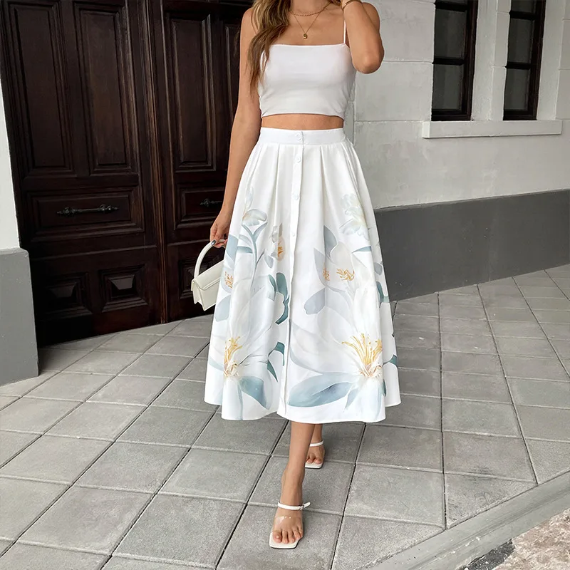 2026 Summer Big Swing Skirts Chic Sweet Fresh Chinese Style Flower Ink Printing Medium and Long A-shaped Big Swing Skirt