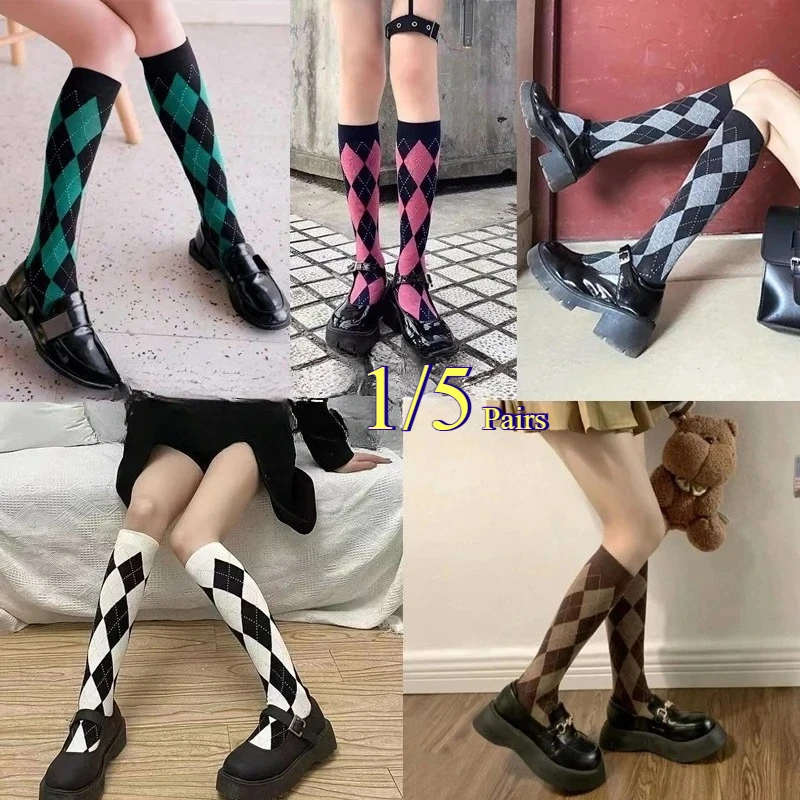 

1/5 Pair Autumn Winter female diamond patterned Knitted calf socks Fashionable Retro College Style Warm Comfortable Casual Socks