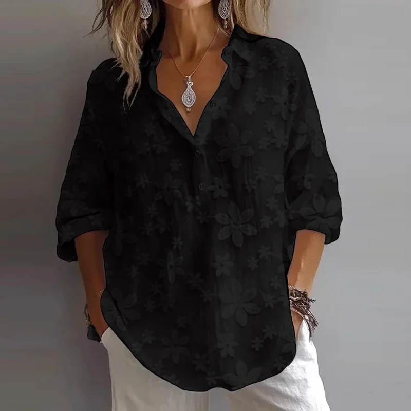 Mode femmes Blouse chemise florale brodée col en V à manches longues chemise femmes bouton hauts chemise décontractée blanc noir