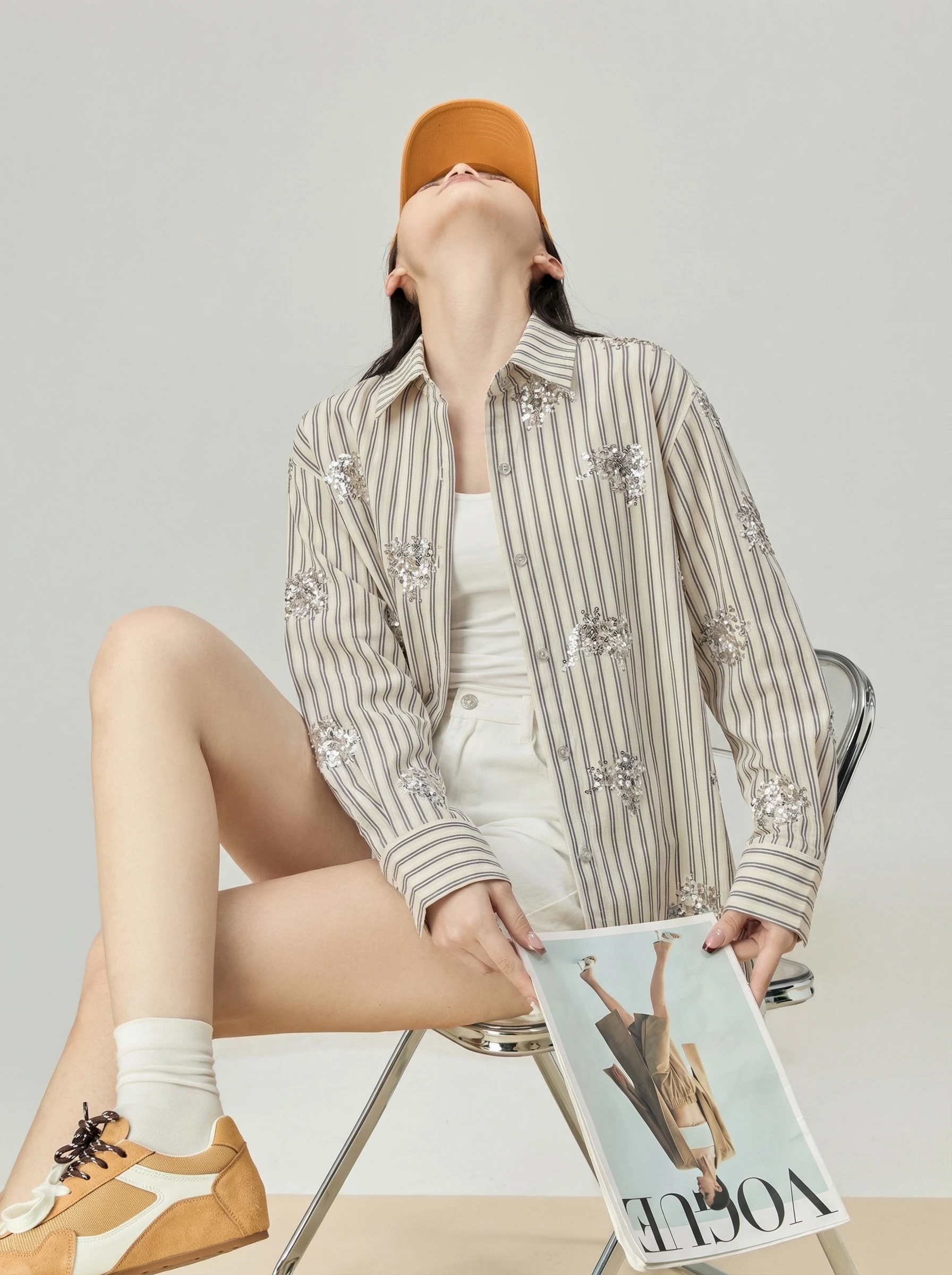 

Glittery Stripe Shirt Women's Style Heavy Work Embellishment Spring New Fashion High Premium Sensation Youthful Trendy Top