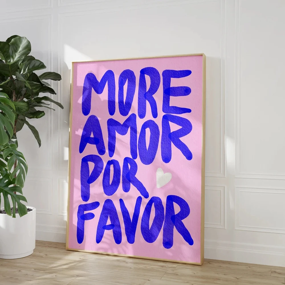 Maximalist More Amor Por Favor Poster Colorful Eclectic Pink Love Quote Wall Art Canvas Painting For Living Room Home Decor