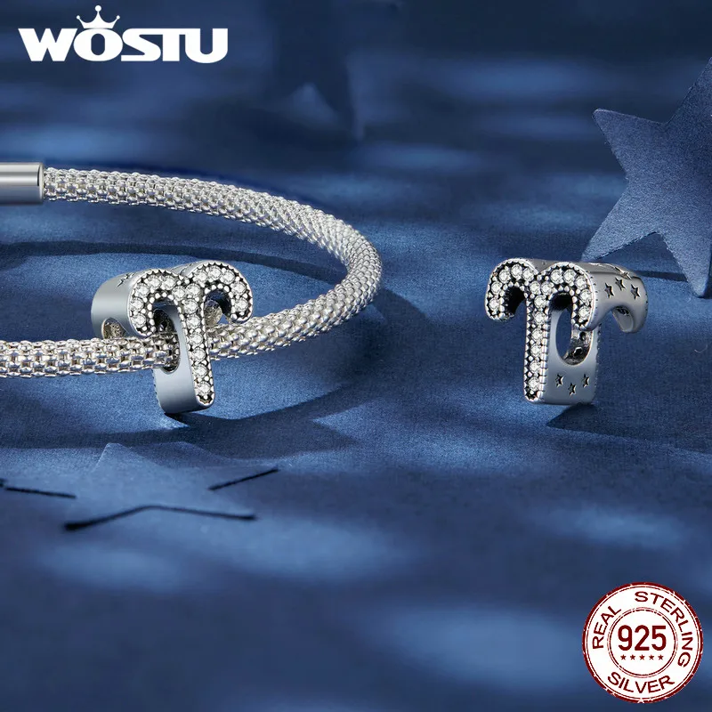 WOSTU 925 Sterling Silver Vintage 12 Zodiac Constellation Beads Orignal Zircon Aries Libra Charms Fit DIY Bracelet Necklace Gift