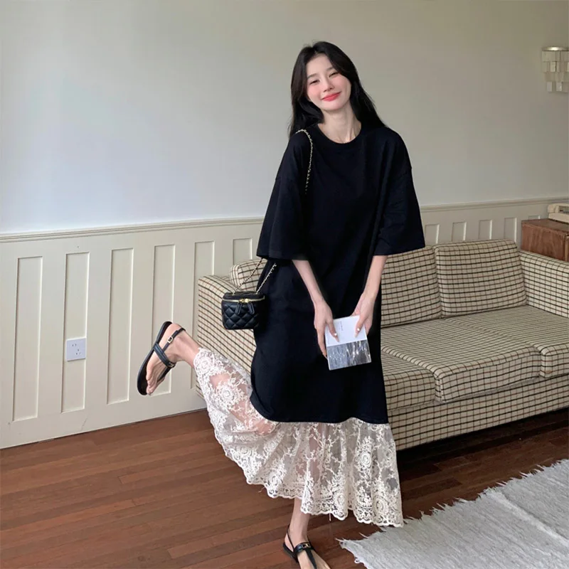 Été nouveau femmes dentelle Patchwork Dr ample viande couvrant T-shirt Dr doux Fi queue jupe a-ligne Midi Dr rond Ne