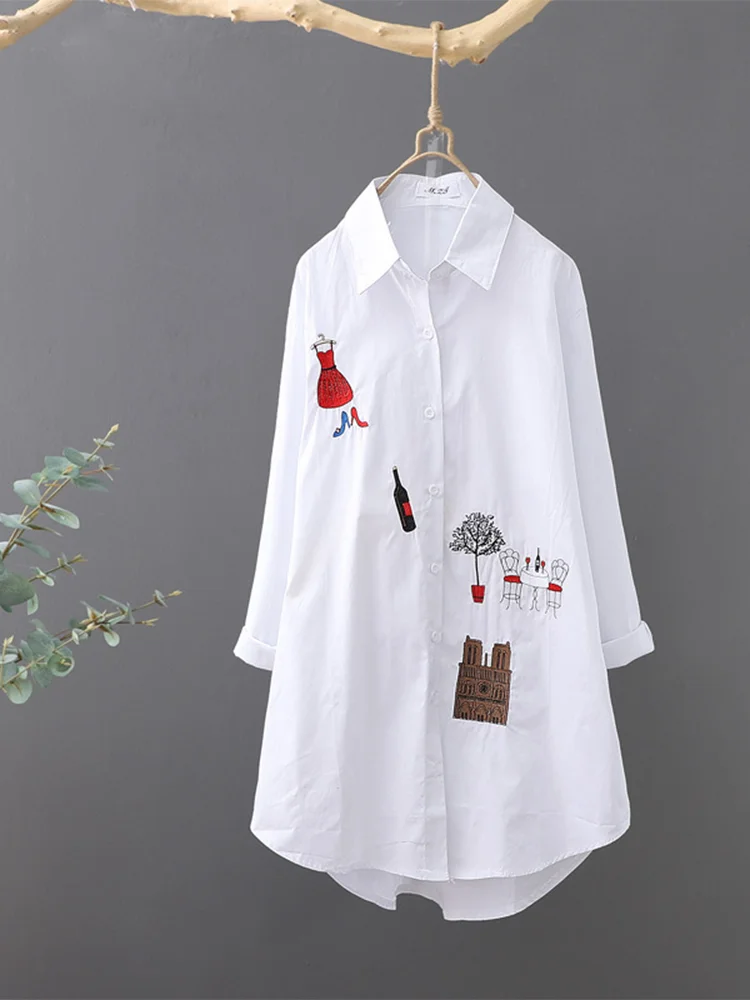 NEW White Shirt Casual Wear Button Up Turn Down Collar Long Sleeve Cotton Blouse Embroidery Feminina HOT Sale T35523M