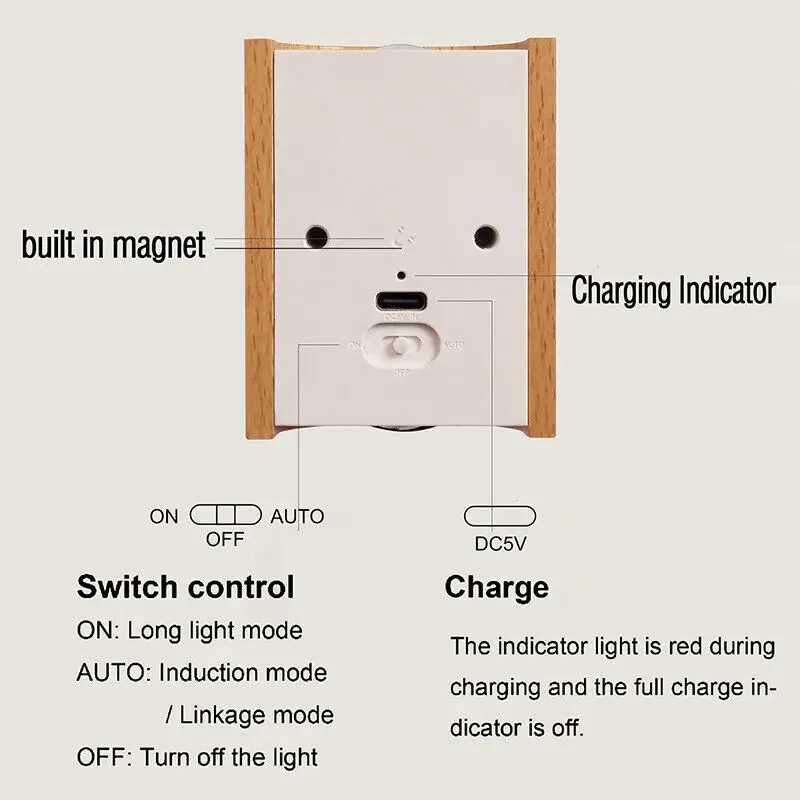 Wireless LED Motion Sensor Induction Light USB Rechargeable Beech Wood Stair Wall Warm White Lamp for Home Bedroom Closet