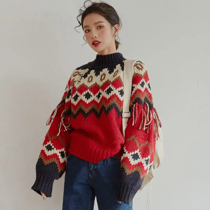 Long Sleeve Autumn Winter Warm Christmas Sweater Vintage Red Jacquard Knit Sweaters Women Boho Tassle Jumper Pullover