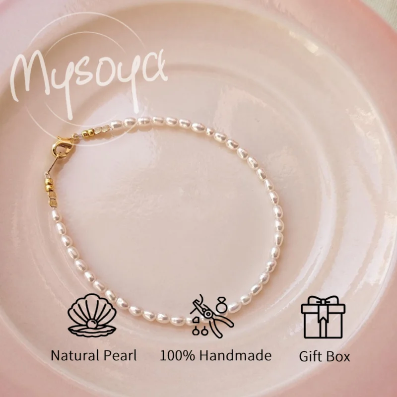 

MYSOYA 3-4mm Natural White Rice Shape Freshwater Pearl Bracelet For Women Men With Gift Box Birthday Wedding Anniversary Gift