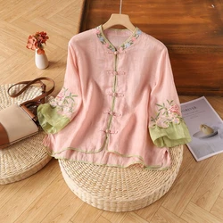 Cotton Linen New Summer Retro Ethnic Embroidered Shirt Women's Retro Button Color Blocked Seven Quarter Sleeve Top Loose Fit