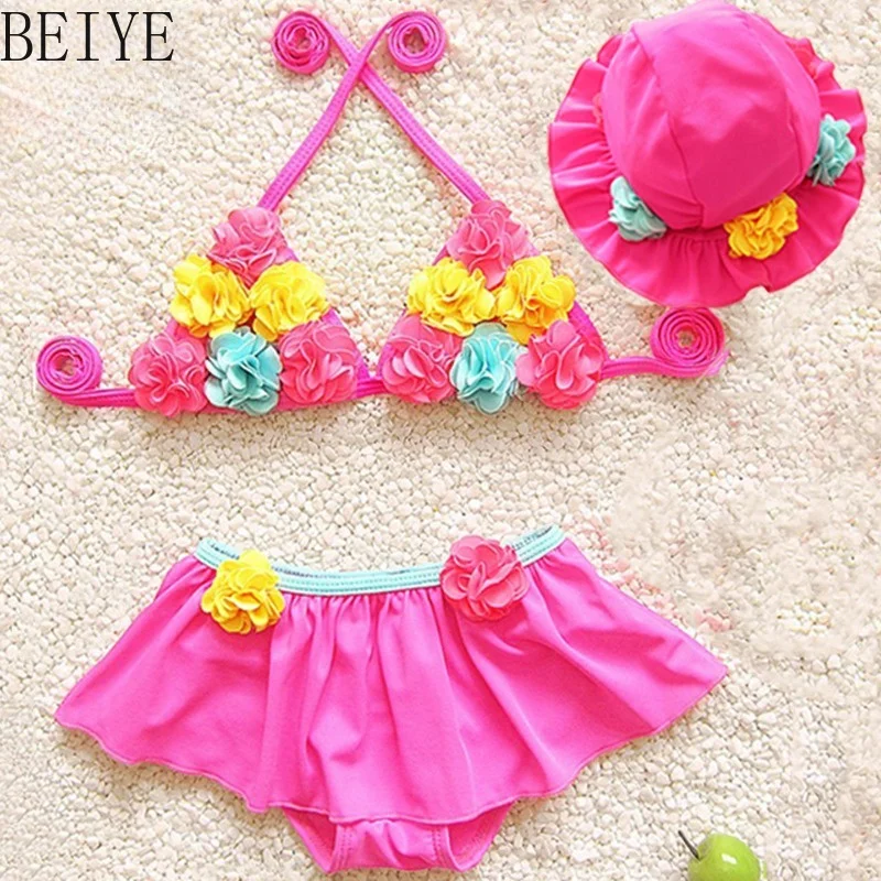 Little Girls Dance Show Swimsuit Princess Baby Cute Split Handmade Flowers Swimwear Children Japanease Style Sweet Swim Suit