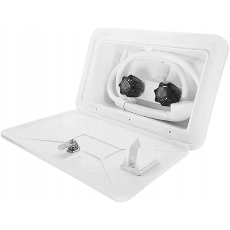 RV External Shower Box Kit White RV Outdoor Exterior Shower with Lock Leak Proof Coiled Hose Easy Install for Camper Van