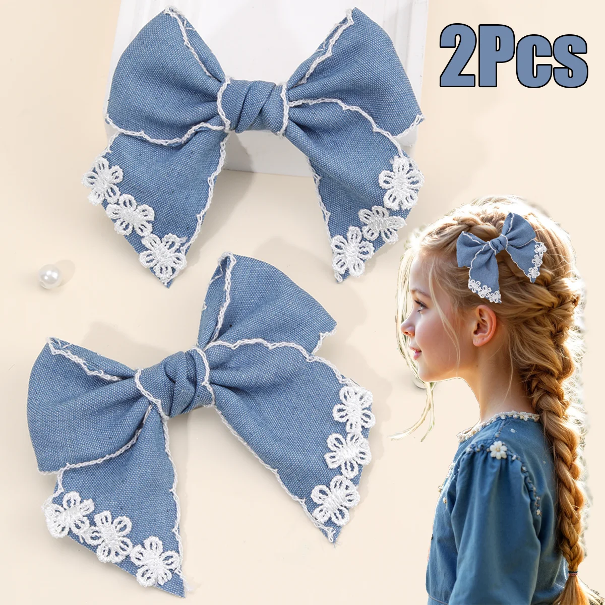 2 uds. Pinzas para el cabello con lazo de flores de mezclilla, horquilla con lazo bohemio bordado Floral dulce y bonito para niñas, accesorios para el cabello para niños