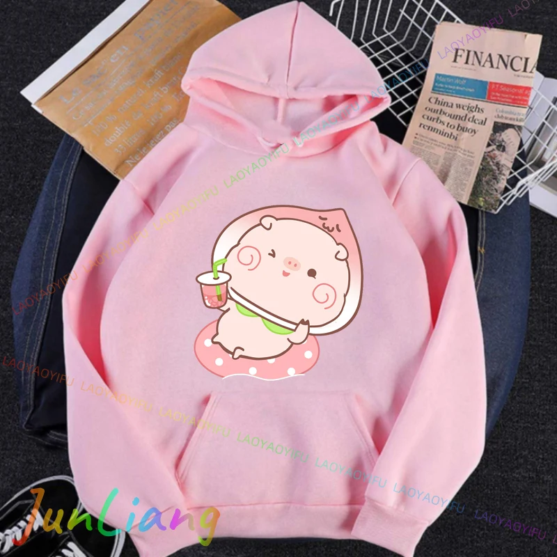 Funny Women Clothing Cute Loose Hoodies Y2k Hoodie Bouncy Peach Pig ﻿ Kawaii Clothes Women's Long Sleeve Top Sweatshirts New &