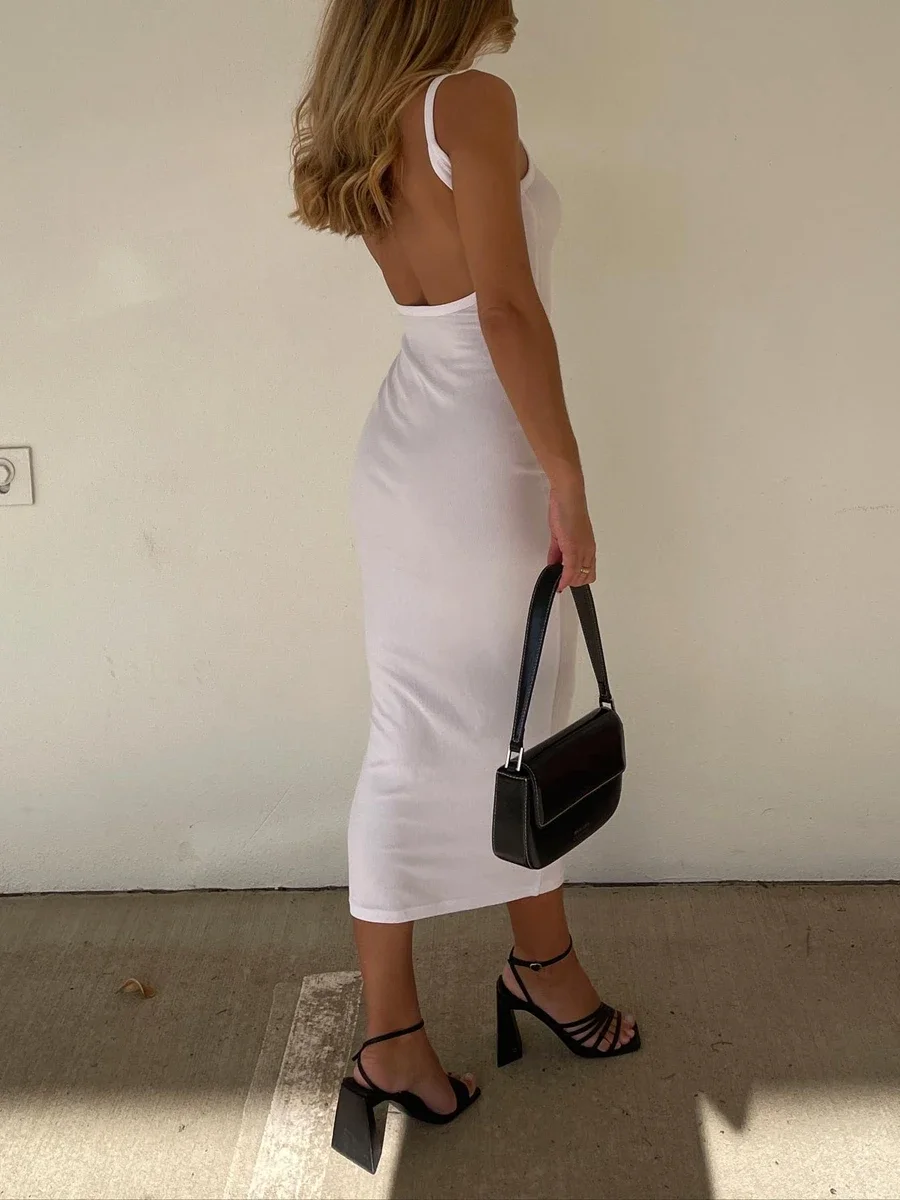 Combhasaki Women Bodycon Cami Slip Long Dress Sleeveless Backless Deep Square Neck Spaghetti Straps Slim Party Summer Sundress