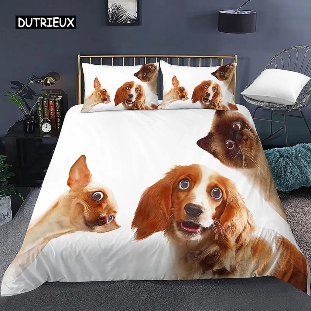 

3D Dog King Queen Full Twin Duvet Cover Funny Puppy Bedding Set Teens Adult Kawaii Pet Animal White 2/3pcs Polyester Quilt Cover