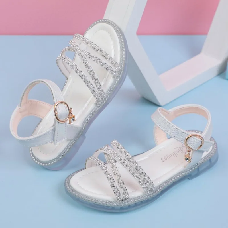 

2023 New Rhinestone Kids Shoes Sandals for Girls Summer Shoes Children's Flat Sandals Due To Princess Shoes Girl 3 To 12 Years