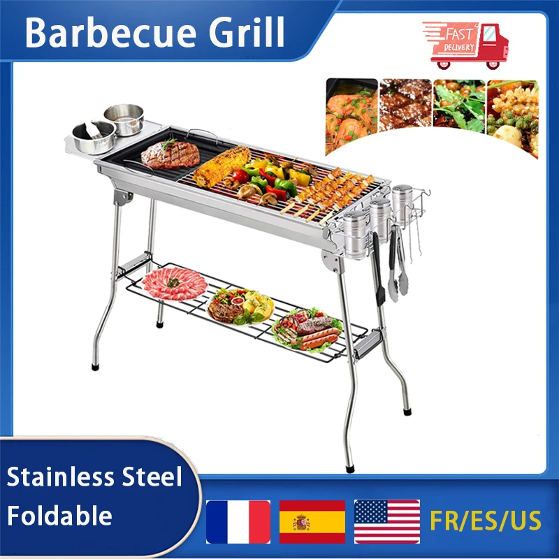 

Stainless Steel Foldable Charcoal BBQ Grill Set, Outdoor Thickening Barbecue Rack, Portable Folding Camping Picnic Tool BBQ