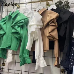 Neploe Fashion Vintage Ruched Puff Sleeve Blouses 2024 Spring Autumn New Shirts Women Y2k Lapel Neck White Blusas Mujer