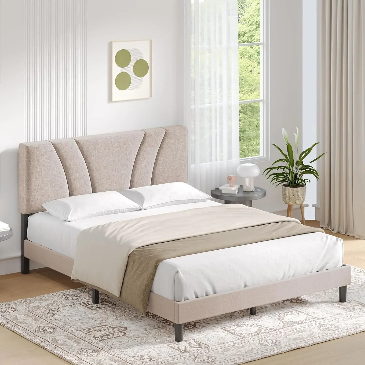 Full Size Bed Frame with Adjustable Headboard Platform Full Bed Frame with Linen Fabric Upholstered Headboard, No Box Sp