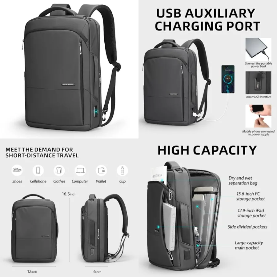 

Slim Backpack for Men, 15.6 Inch Laptop Backpack, 3 in 1 Waterproof High Tech Backpack with Removable Buckle and USB Charging P