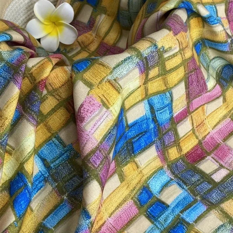 60S Checkered Sateen Silk Cotton Digital Print Fabric Summer Dress Sleepwear Material Breathable Silky Luxury Fashion Textile