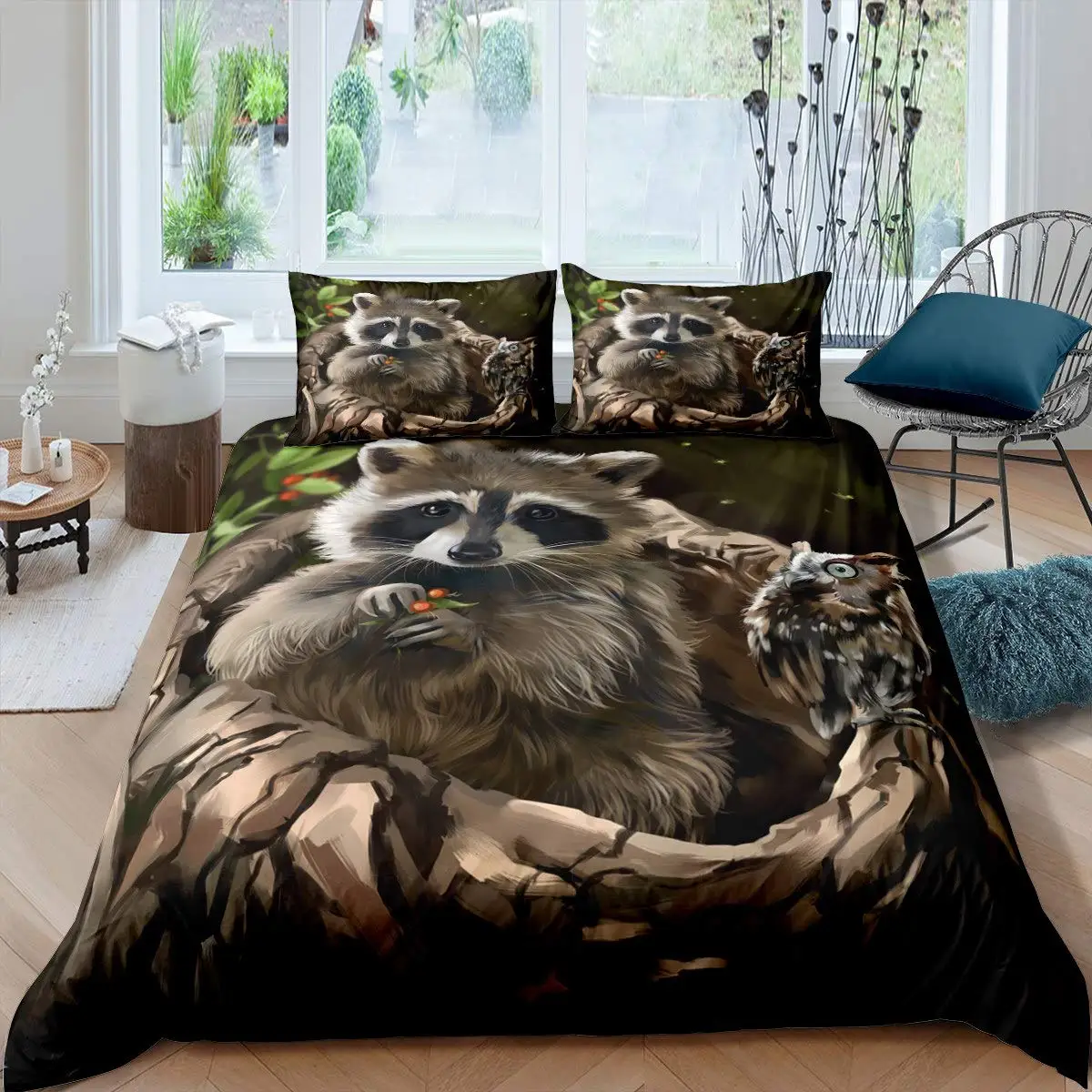 

Raccoon Duvet Cover Set Cute Animal Theme Bedding Set Nature Owl Comforter Cover Wildlife Style King Size Polyester Quilt Cover