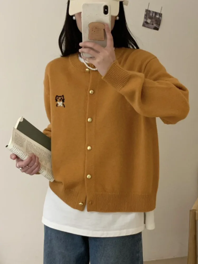 Japan Style Pleated O Neck Casual Knit Cardigan Fashion All Match Loose Multicolour Sweater Women 2024 Spring Autumn X779