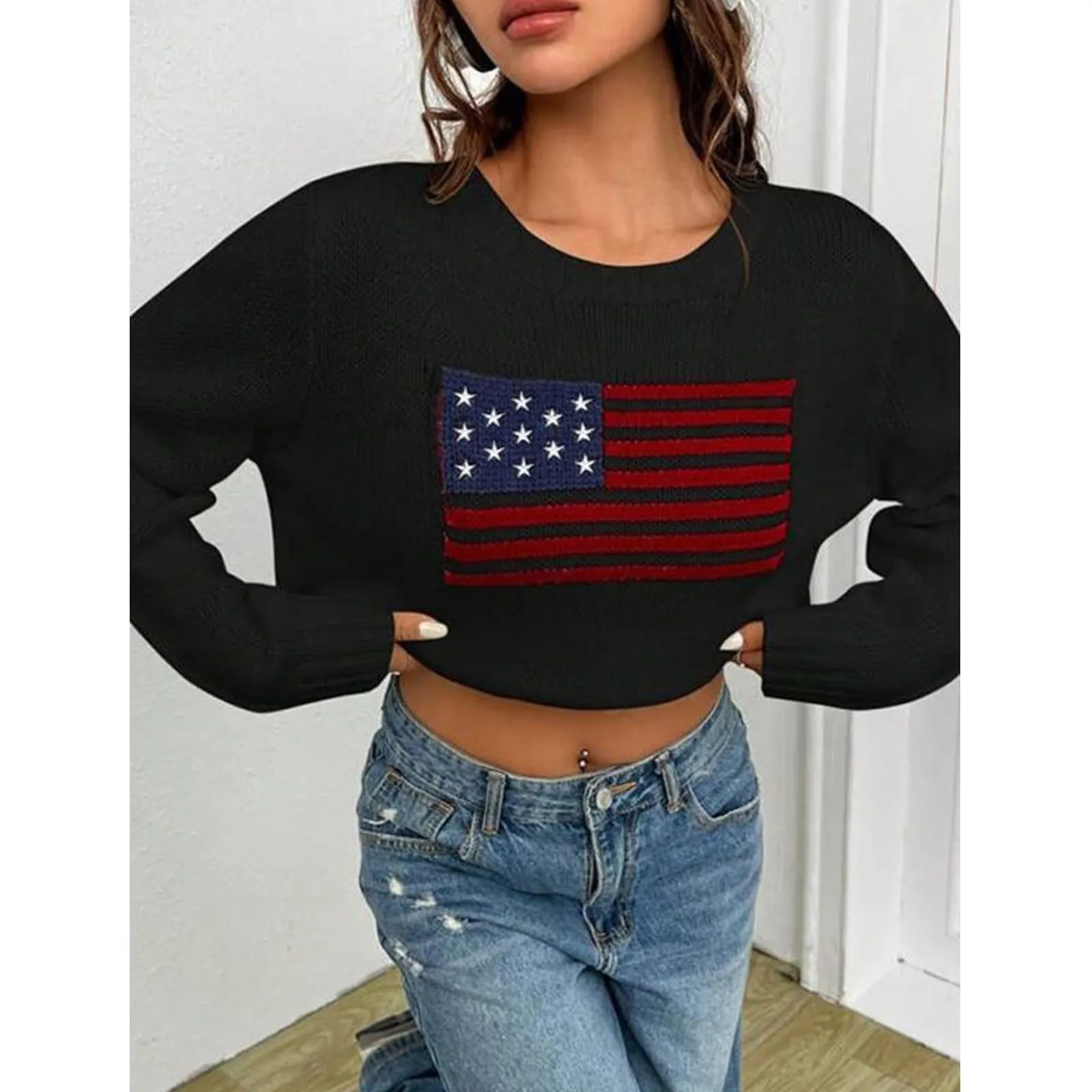 Women'S American Flag Print Knit Sweater Crew Neck Long Sleeve Loose Comfortable Sweatshirt Stylish And Aesthetic Warm Sweater