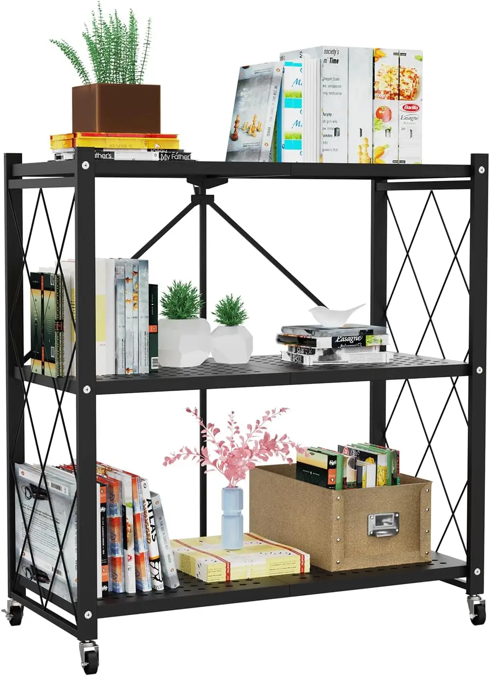 

Lifetime 3-Tier Foldable Shelf with Wheels - Metal Collapsible Shelving Unit Display, Rolling Cart for Books Kitchen Shelves,