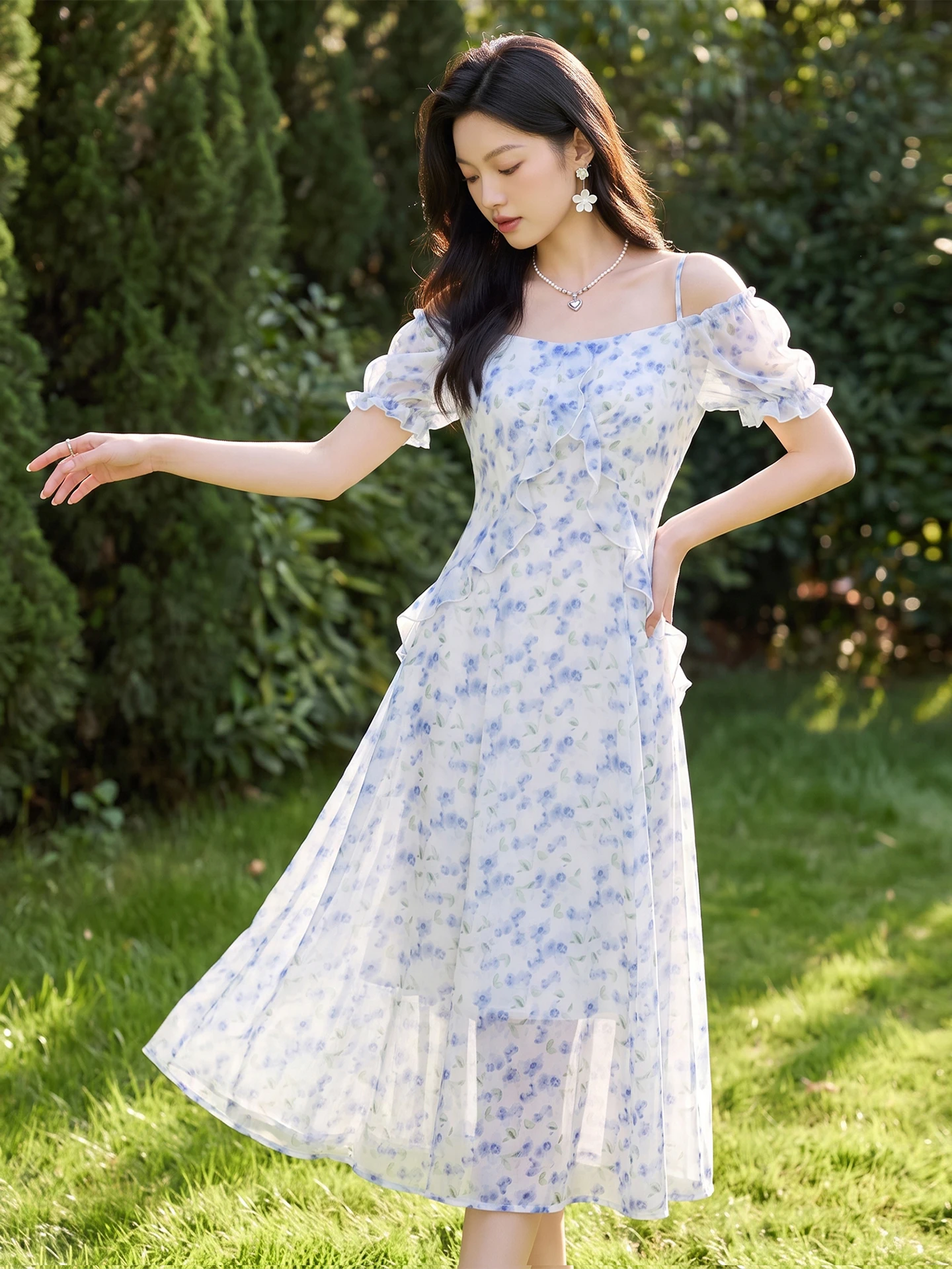 Smen Poetic Floral Print Midi Dress Women's Summer Casual Style Square Collar Bubble Sleeve A-Line Dress Polyester Fiber