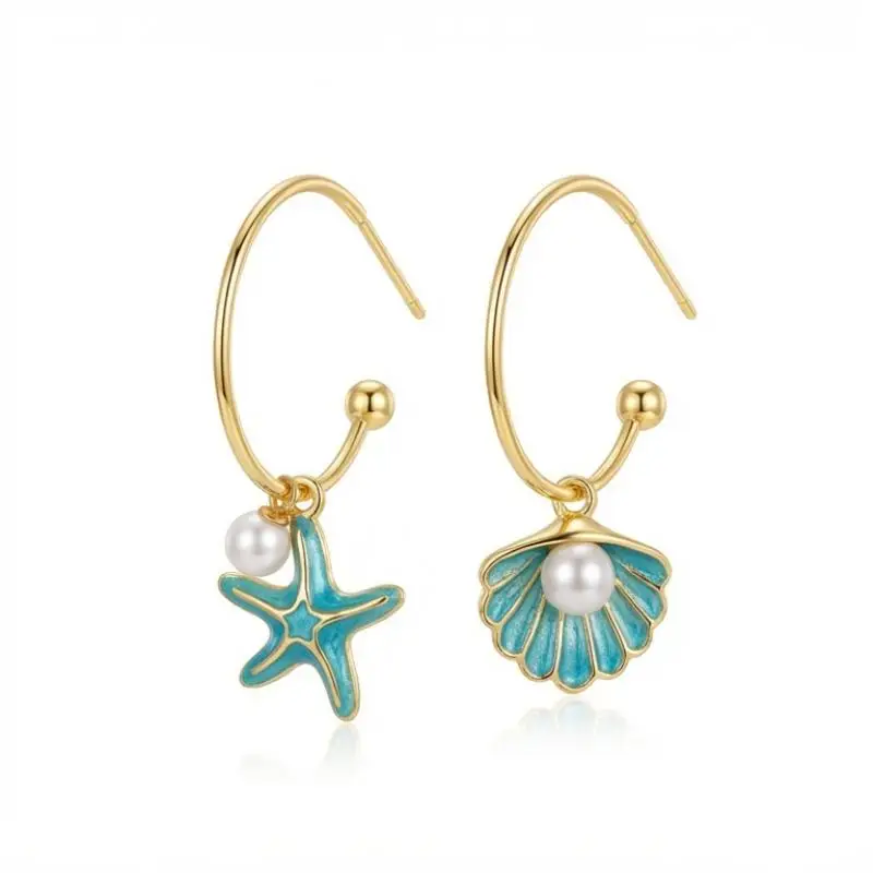 

MURMUR Unique Starfish Shell Asymmetric Pearl Earrings Blue Enamel Summer Fine Jewelry