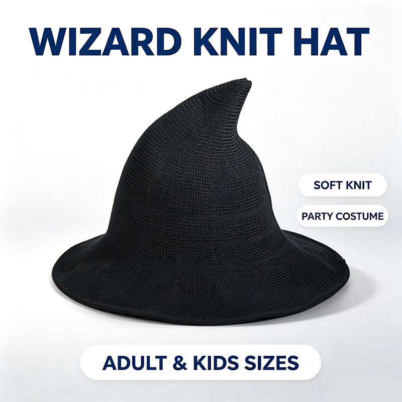 New Knitted Witch Hat Foldable Cotton Yarn Hat Solid Color Magic Hat for Kids Adults Costume Accessory