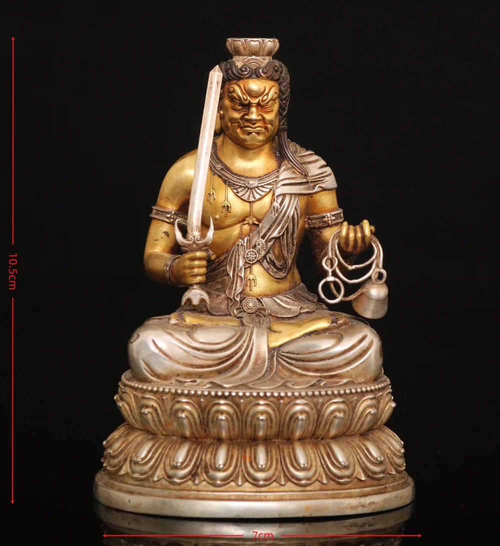 Tibetan Tantra Copper Gilt Silver Motionless Ming Wang Zun Bodhisattva Buddha Small Ornament Home Hall Incense Case Offering 10c