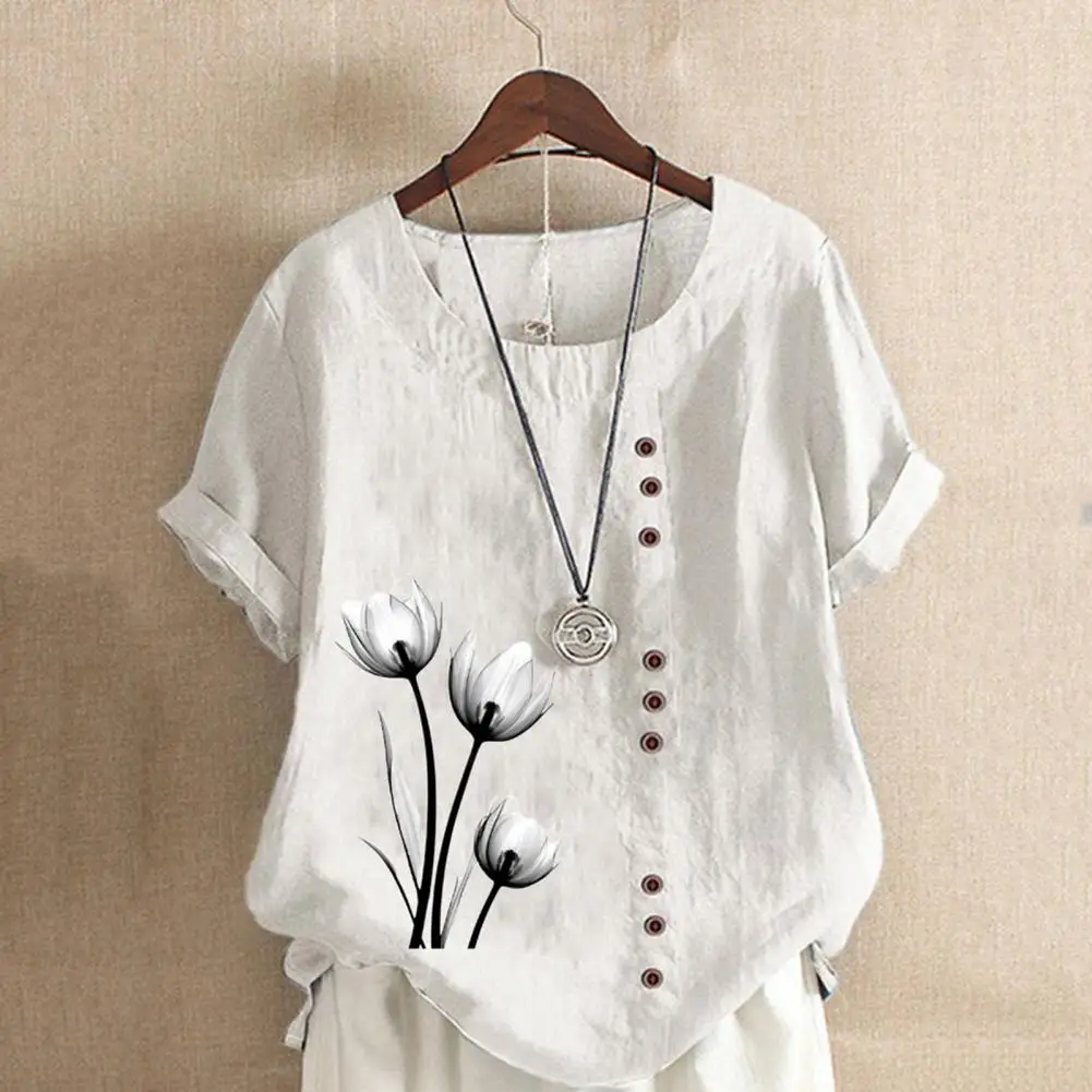 Short Sleeves T-shirt Vintage Style Flower Print Women's Summer T-shirt Short Sleeve Round Neck Pullover with Button Decor