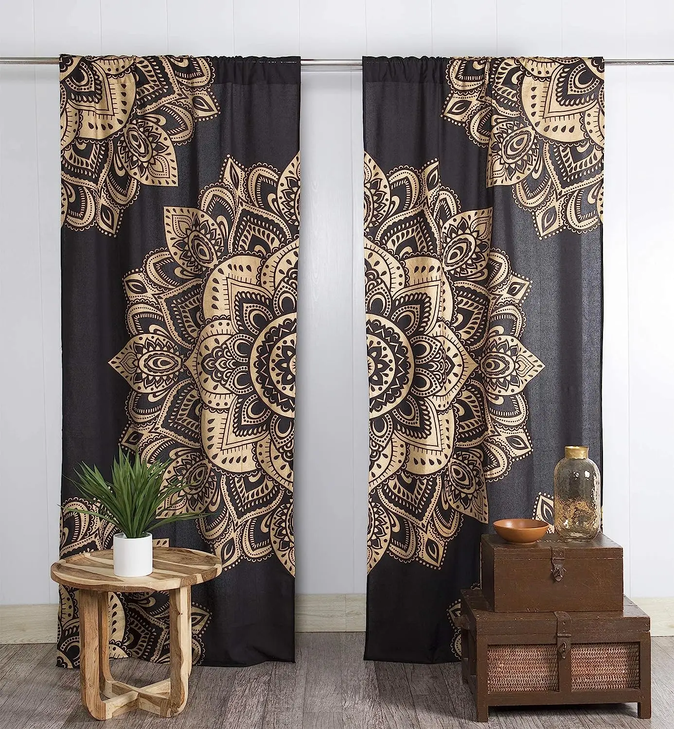 3D Print Black and Gold Hippy Mandala Curtain 2 Pieces Free Shipping Thin Curtains Room Bohemian Decoration Bedroom Living Room