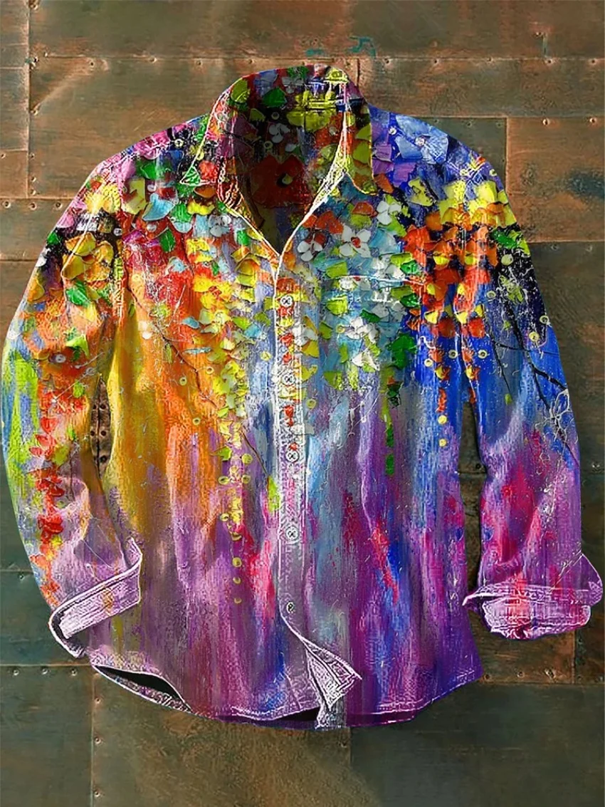 

2025 Men's New Linen Long Sleeve Shirt Art Oil Painting Dopamine Style Comfortable Breathable Super Large Size XS-6XL