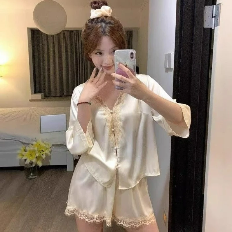 

Pajamas Women New Ice Silk Seven-quarter Sleeve Shorts Sexy Lace Pure Lust Loungewear Suit Thin Comfort Breathable Skin-friendly