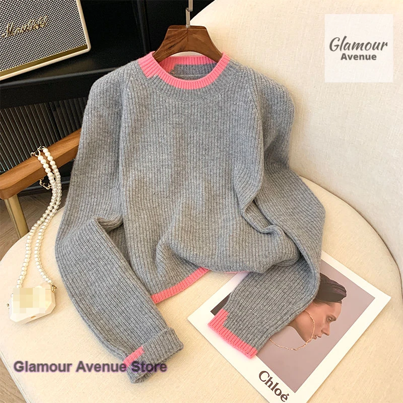 Korean style solid color lazy wind embroidery contrast twist pullover women's autumn and winter new soft waxy relaxed sweater